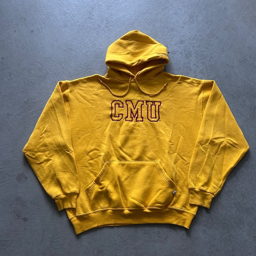 Vintage 90s Russell Athletic CMU Sweatshirt Size Large Yellow Hoodie Central